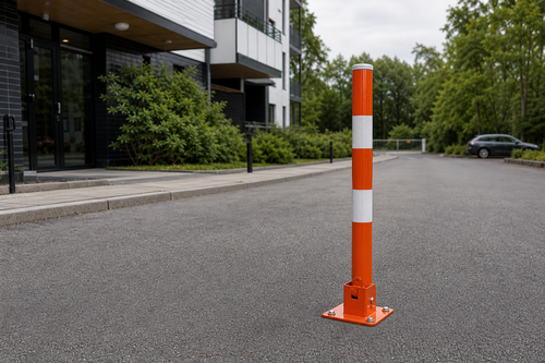 Fällbar parkeringspollare typ B orange med reflex - miljöbild på infart