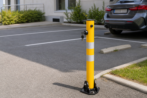 Fjädrande låsbar parkeringspollare typ C 60 cm - miljöbild vid parkeringsplats