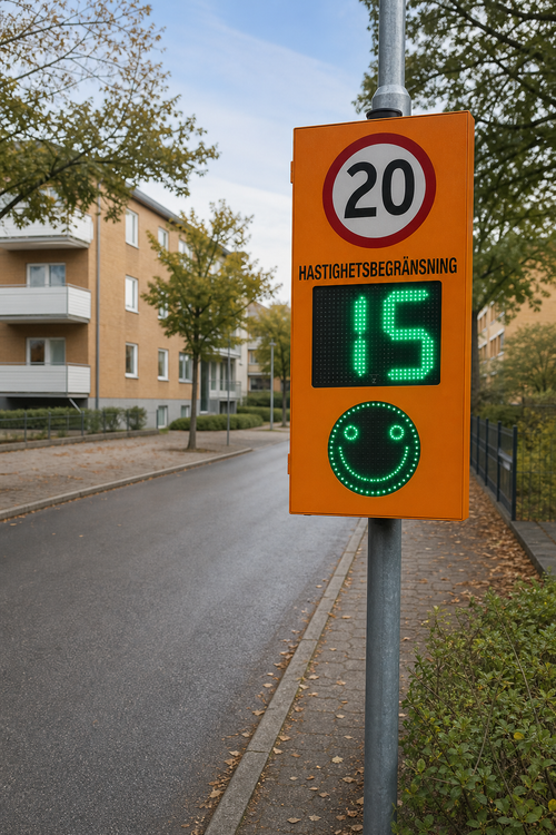 Hastighetsdisplay 24 GHz med 20-skylt och smiley - miljöbild vid bostadsgata