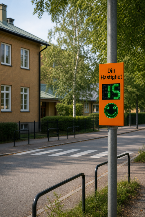 Hastighetsdisplay 24 GHz med färgväxling och smiley - miljöbild vid skola eller bostadsområde