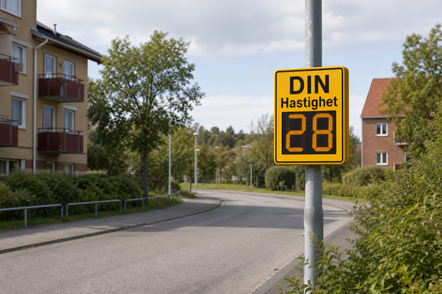 Hastighetsdisplay Din Hastighet 24 GHz nätansluten - miljöbild vid bostadsgata