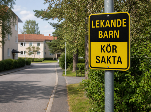 Reflexskylt Lekande barn kör sakta 50 x 40 cm - miljöbild vid bostadsgata