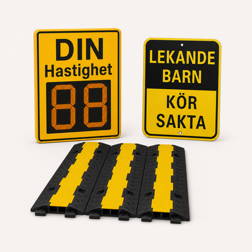 Tryggare bostadsområde färdigt paket med hastighetsdisplay, farthinder och reflexskylt