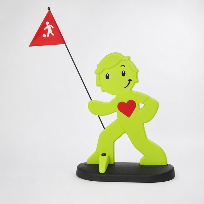 Grön varningsfigur för barn med röd varningsflagga